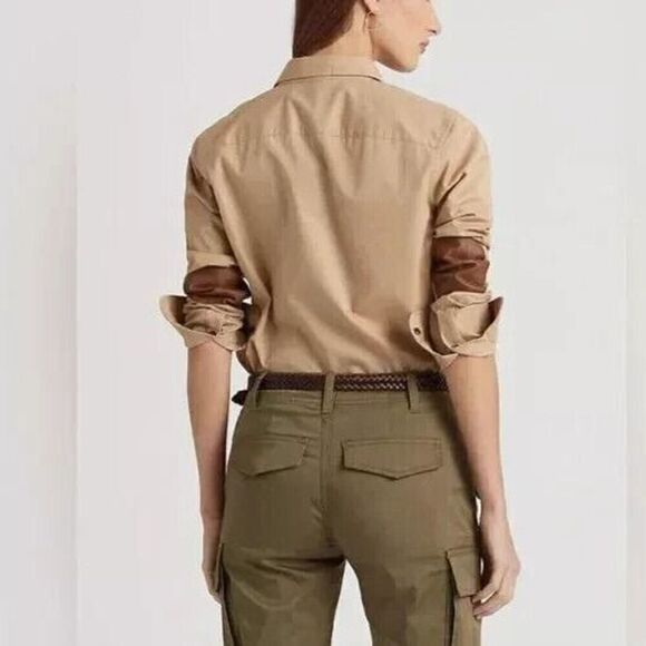 Lauren Ralph Lauren Women Sz M Tan Leather Patch Featherweight Twill Shirt - Picture 12 of 12
